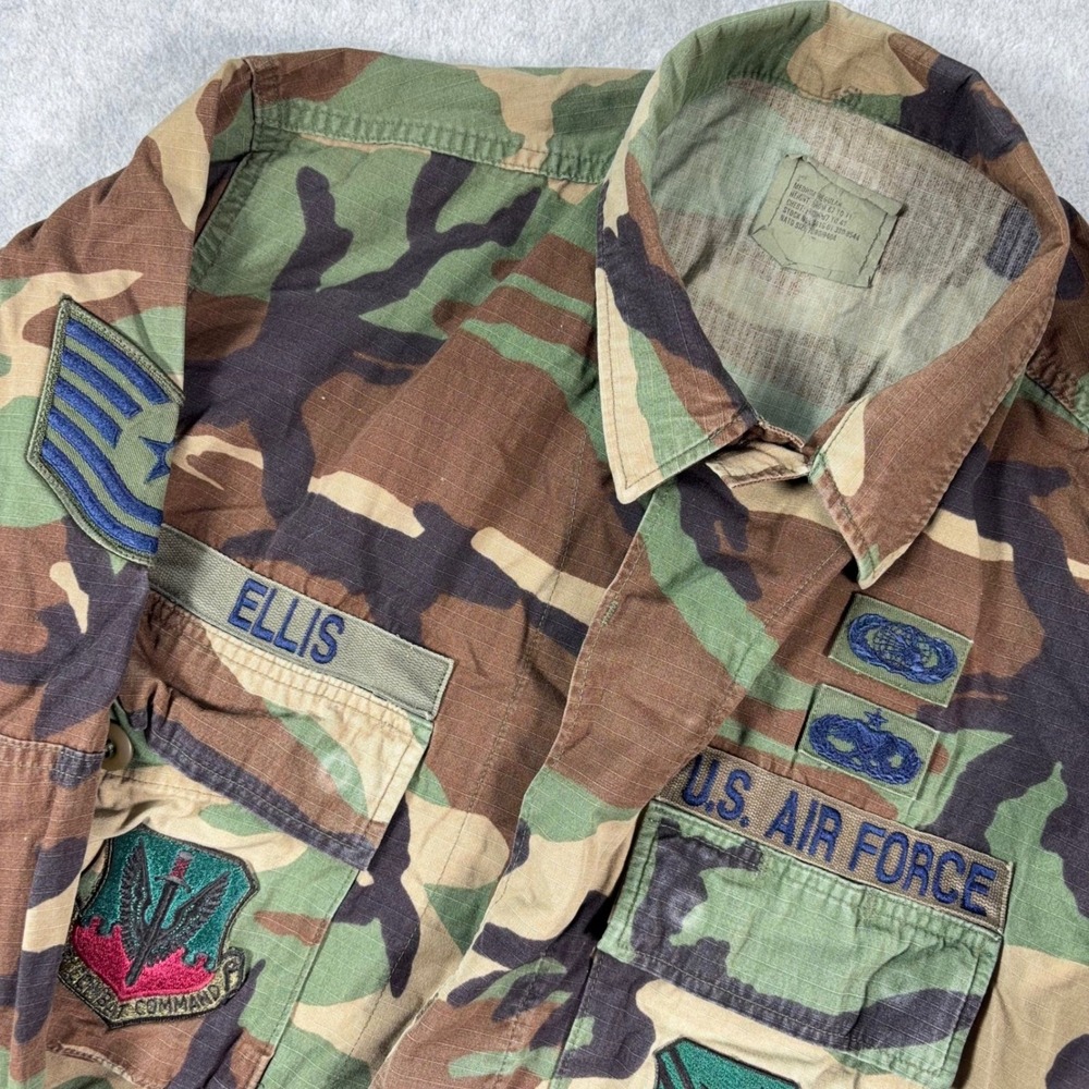 VTG Air Force USGI BDU Field Shirt Mens M Green Woodland Camo Ripstop Patched